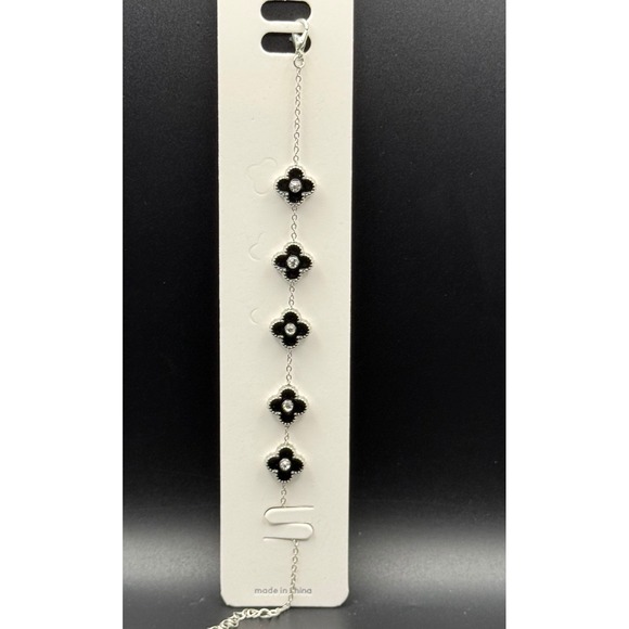 Jewelry - Silver Tone Black Enamel Charm Bracelet with Rhinestone Accents New